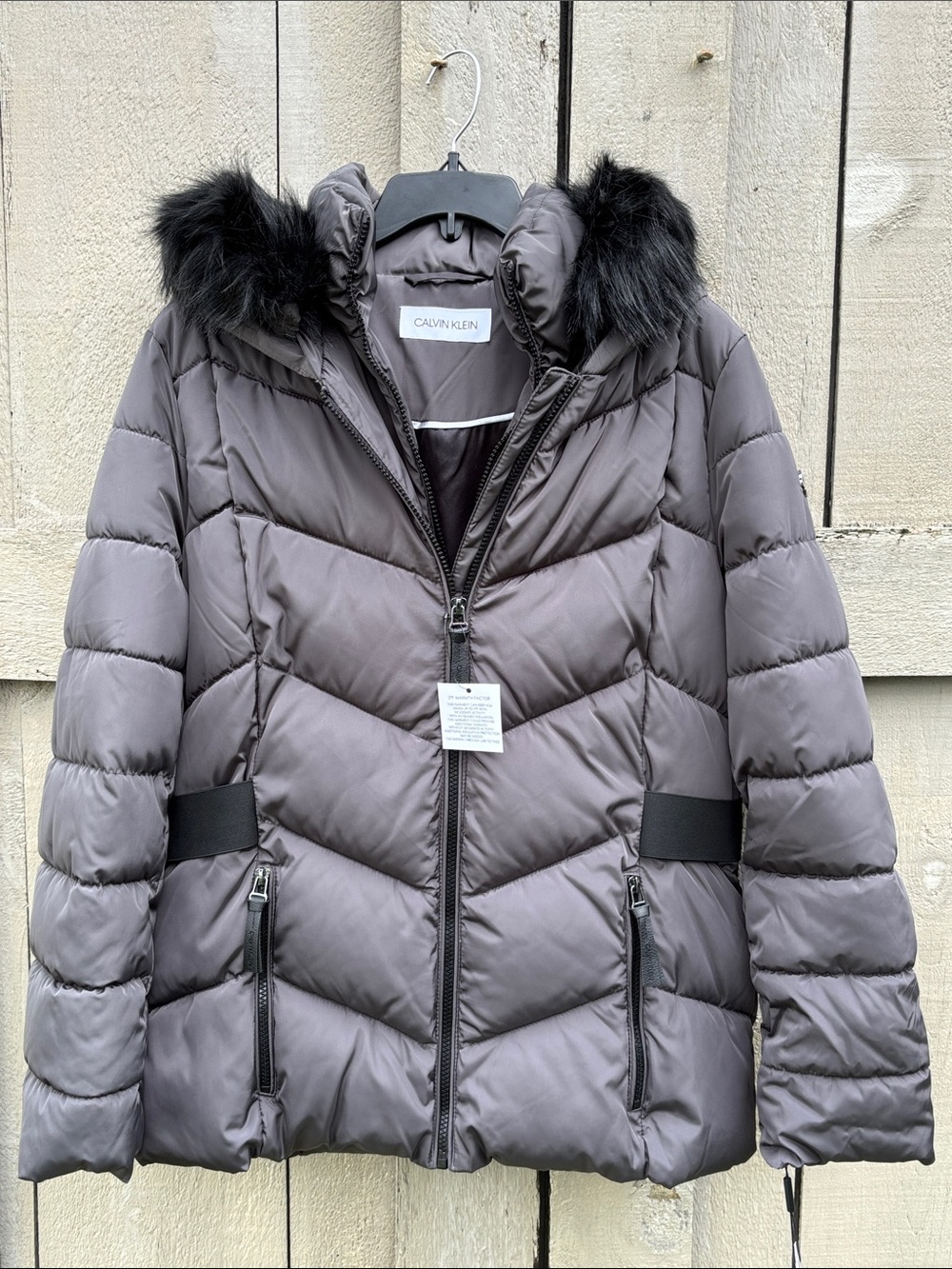 Calvin Klein Women's Quilted Puffer Jacket Large Dark Grey with Black Fur Hood